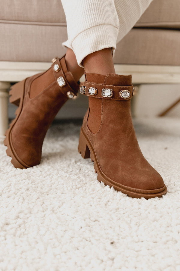 Finished With You Rhinestone Strap Booties (Tan) - NanaMacs