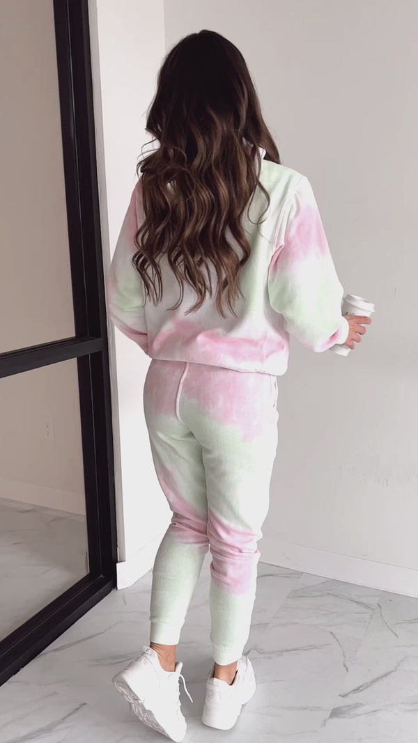 Sweet Like Watermelon Tie-Dye Print Hoodie & Jogger Set (Green/Pink) - NanaMacs