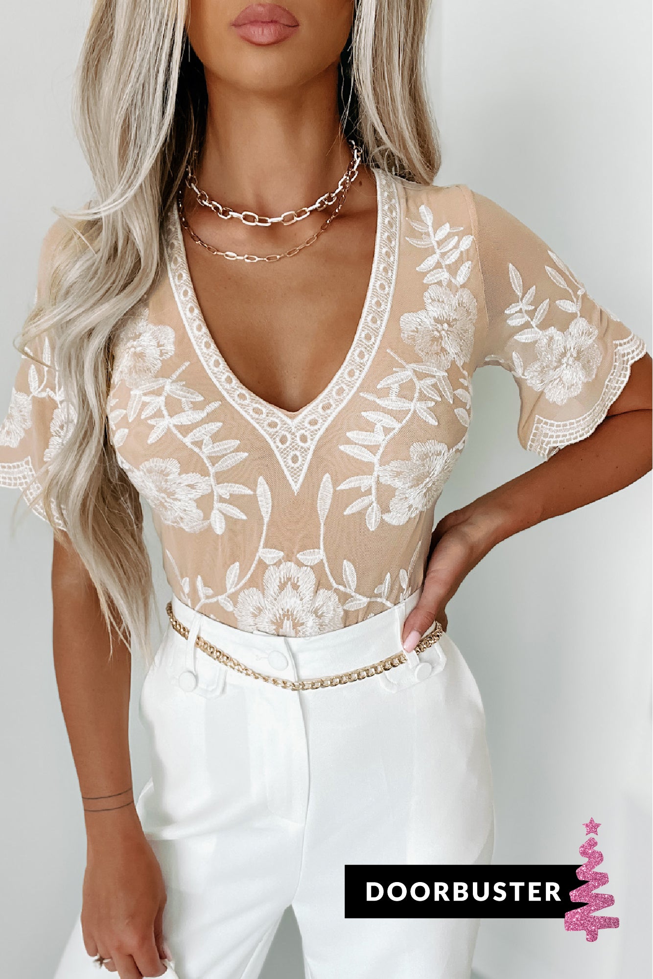 Follow Your Fancy Embroidered Bodysuit (Nude/White)