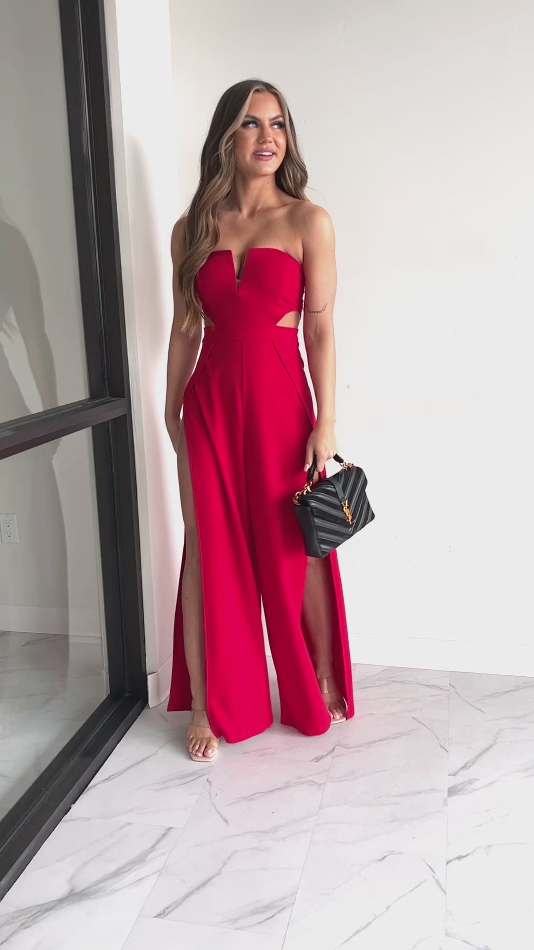 Let My Guard Down Strapless Cut Out Jumpsuit (Red)