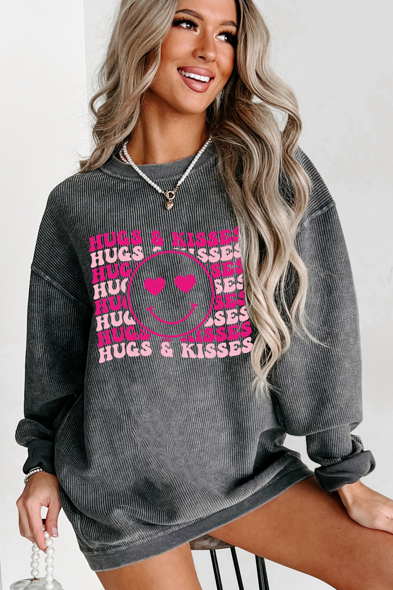 "Hugs & Kisses" Corded Graphic Crewneck (Charcoal) - Print On Demand - NanaMacs