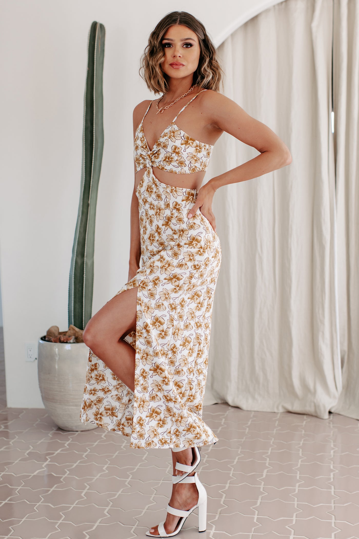 Savor The Love Floral Cut-Out Midi Dress (Ivory) - NanaMacs