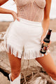 Can I Get A Yee-Haw Fringe Trim Faux Leather Shorts (White) - NanaMacs