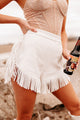 Can I Get A Yee-Haw Fringe Trim Faux Leather Shorts (White) - NanaMacs