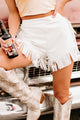 Can I Get A Yee-Haw Fringe Trim Faux Leather Shorts (White) - NanaMacs