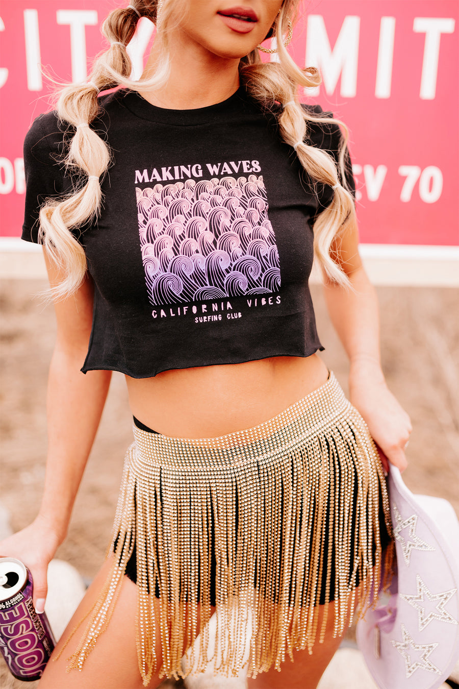 "Making Waves" Raw Hem Graphic Crop Tee (Black) - Print On Demand - NanaMacs