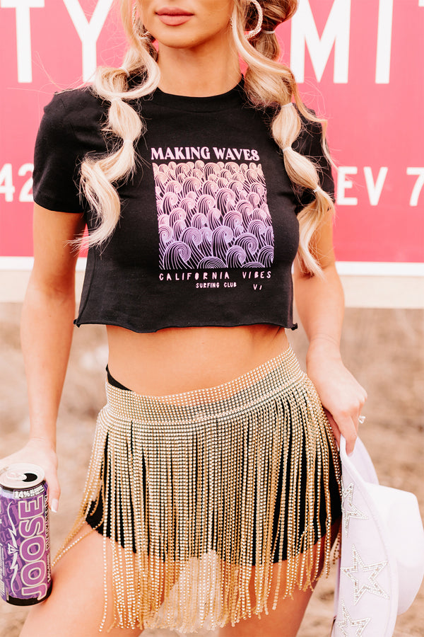 "Making Waves" Raw Hem Graphic Crop Tee (Black) - Print On Demand - NanaMacs