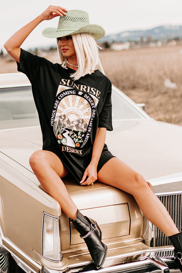 "The Desert Sunrise" Oversized Graphic T-Shirt Dress (Black) - Print On Demand - NanaMacs