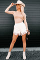 Can I Get A Yee-Haw Fringe Trim Faux Leather Shorts (White) - NanaMacs