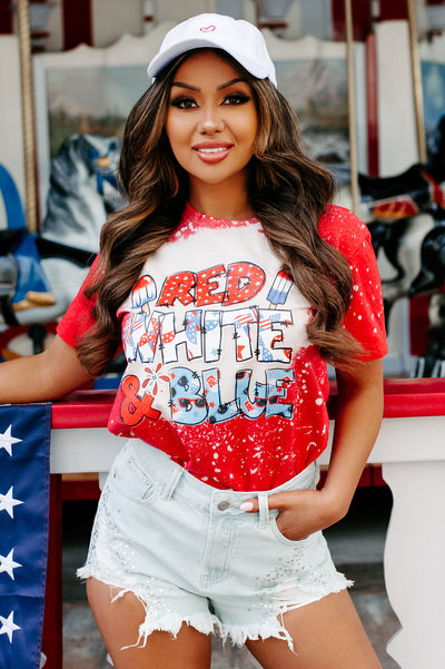 Festive Fourth Bleached Graphic T-Shirt (Red) - Print On Demand - NanaMacs