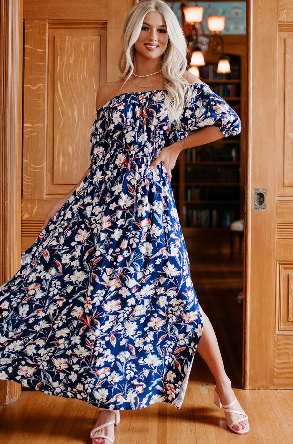 Linnea Floral Off The Shoulder Maxi Dress (Navy) - NanaMacs