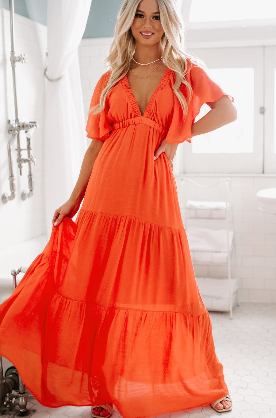 Tier And Now Tiered V-Neck Maxi Dress (Orange Red) - NanaMacs