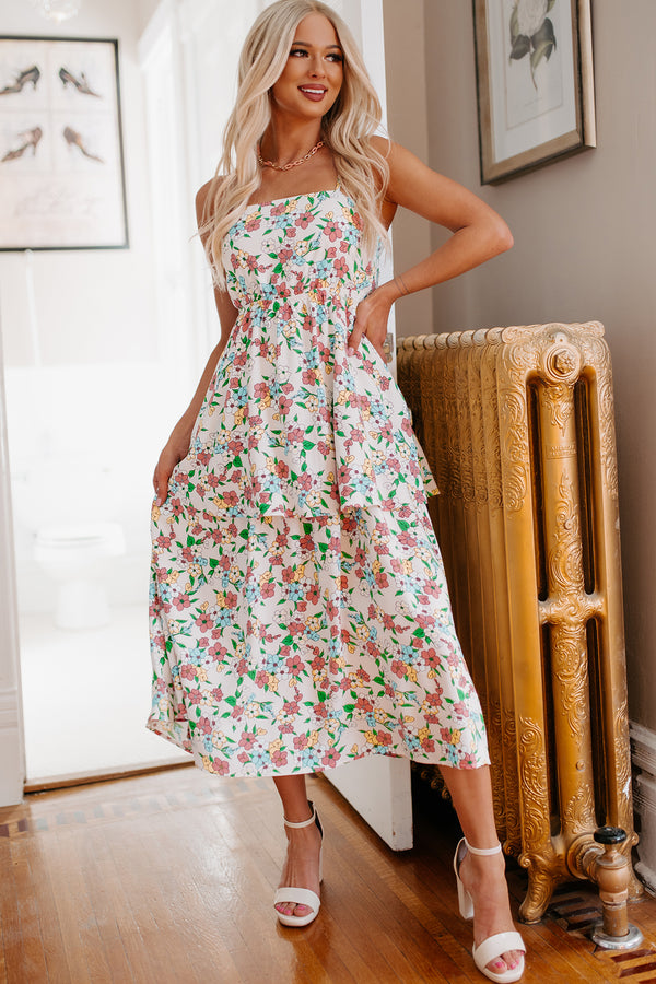 Flower Fields Tiered Floral Midi Dress (White Multi) - NanaMacs