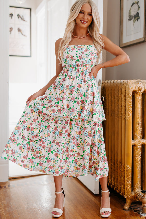 Flower Fields Tiered Floral Midi Dress (White Multi) - NanaMacs