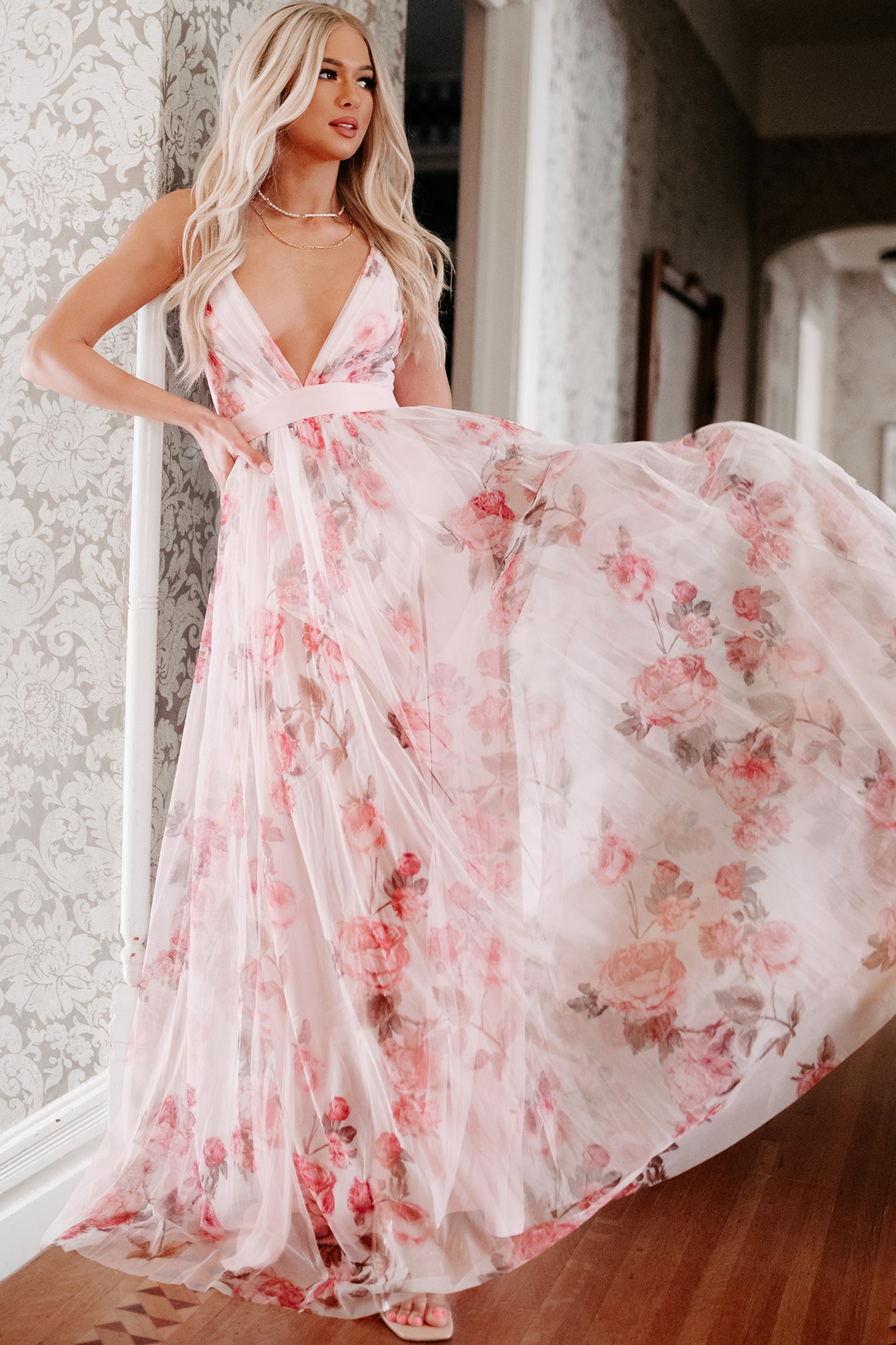 Garden Paths Floral Mesh Maxi Dress (Pink) - NanaMacs
