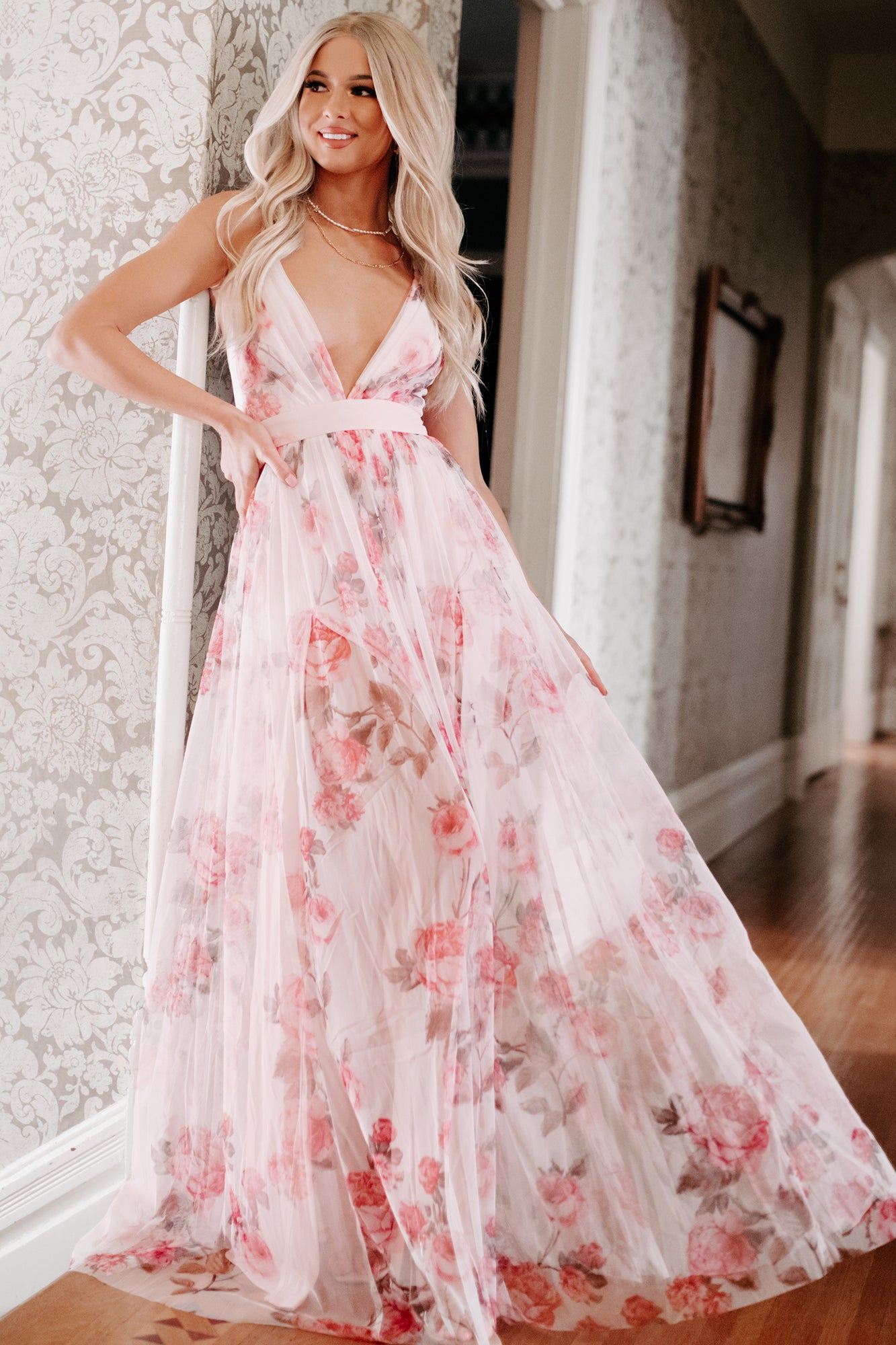 Floral mesh maxi dress sale