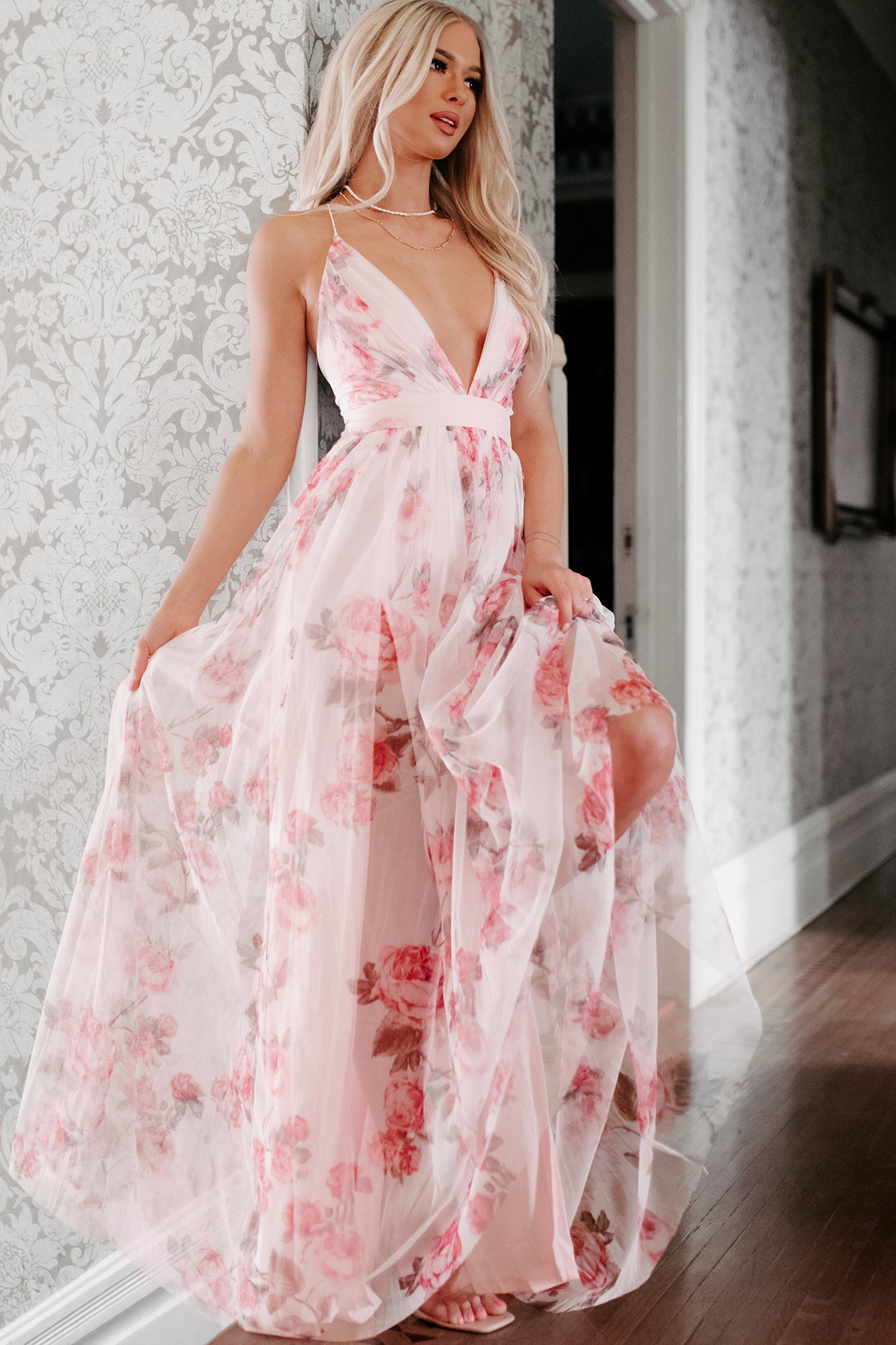 Pre-Order: Pink Floral Mesh Ruffle Maxi Dress