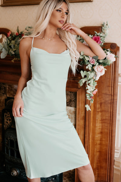 Taste Of Luxury Cowl Neck Satin Midi Dress (Dusty Mint) - NanaMacs