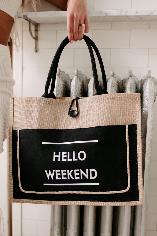 "Hello Weekend" Twine Tote Bag (Black) - NanaMacs