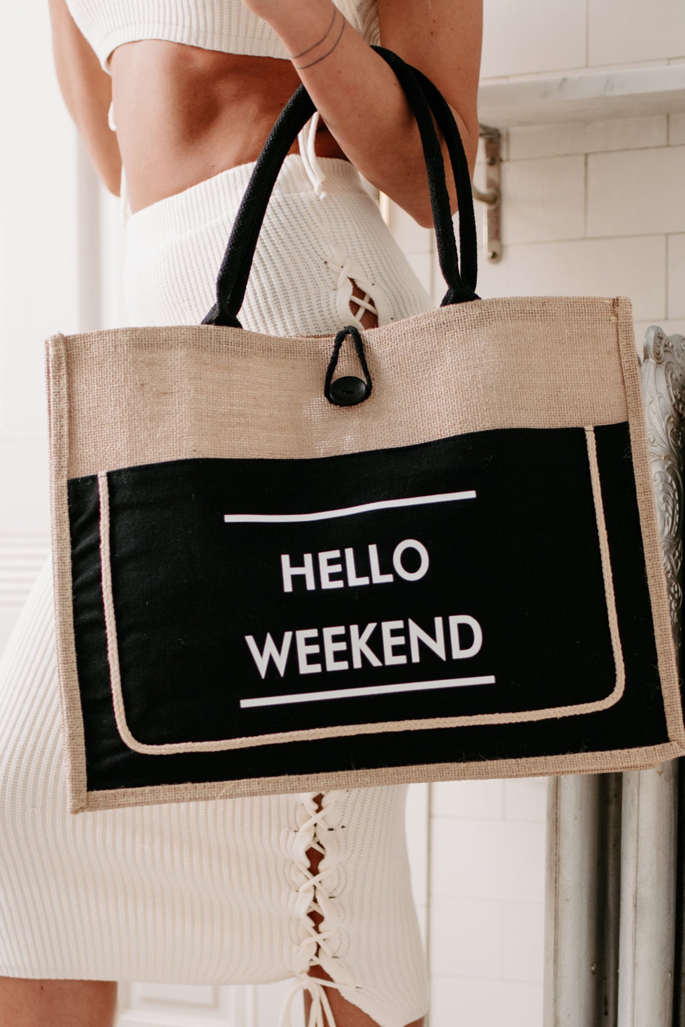 "Hello Weekend" Twine Tote Bag (Black) - NanaMacs