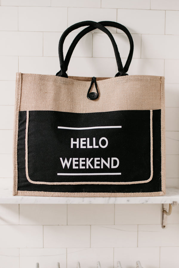 "Hello Weekend" Twine Tote Bag (Black) - NanaMacs