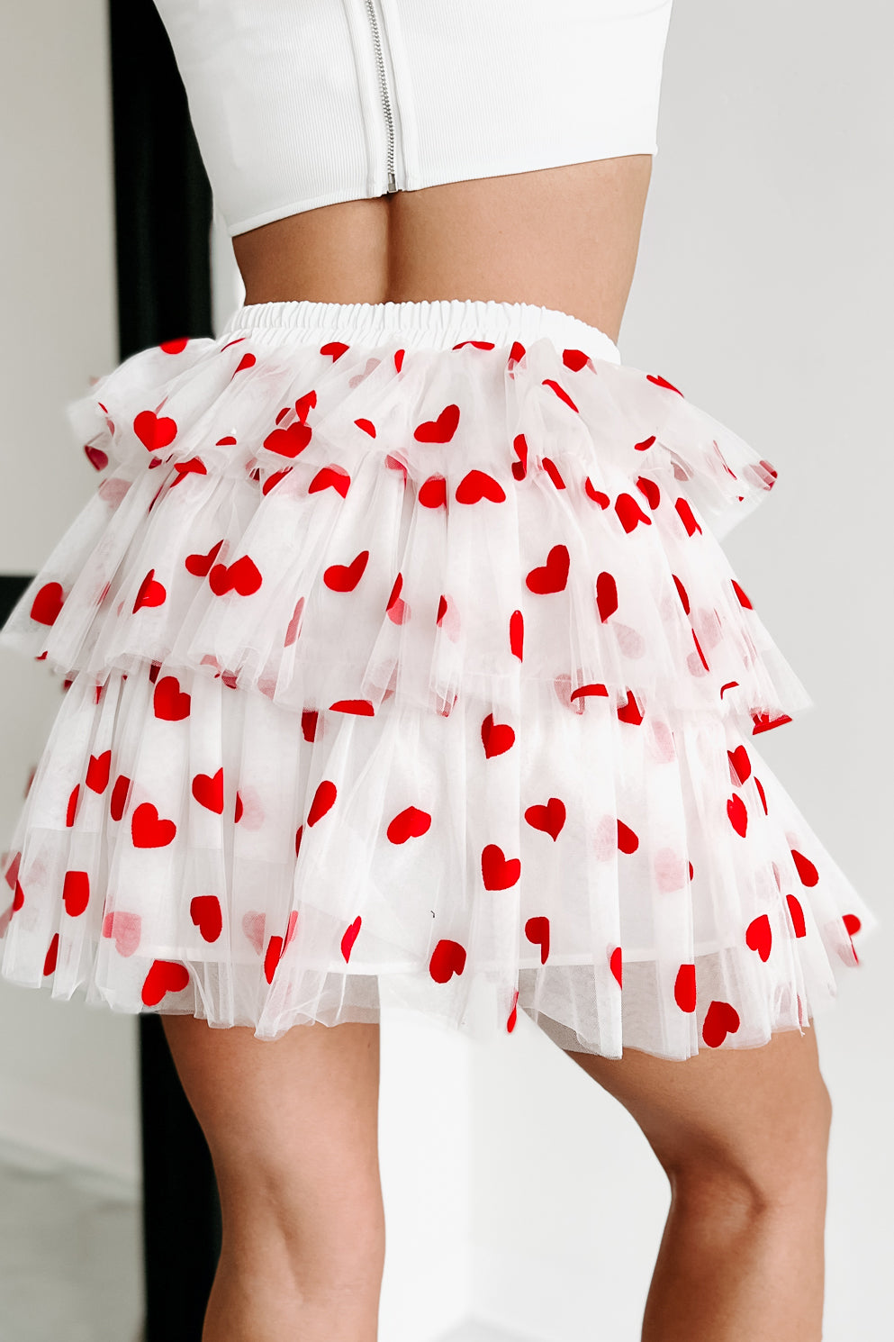 All Heart Tiered Heart Print Mini Skirt (White/Red) - NanaMacs