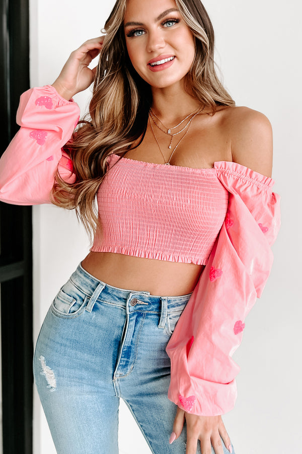 Heartfelt Feeling Smocked Sequin Hearts Crop Top (Pink) - NanaMacs