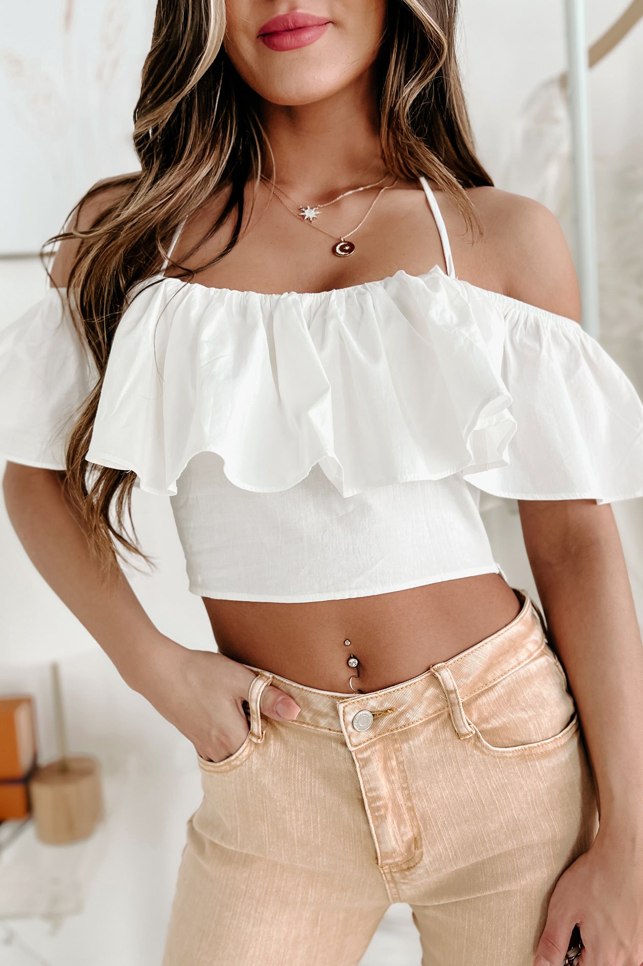 Eyes On The Prize Cold Shoulder Top (Off White) - NanaMacs
