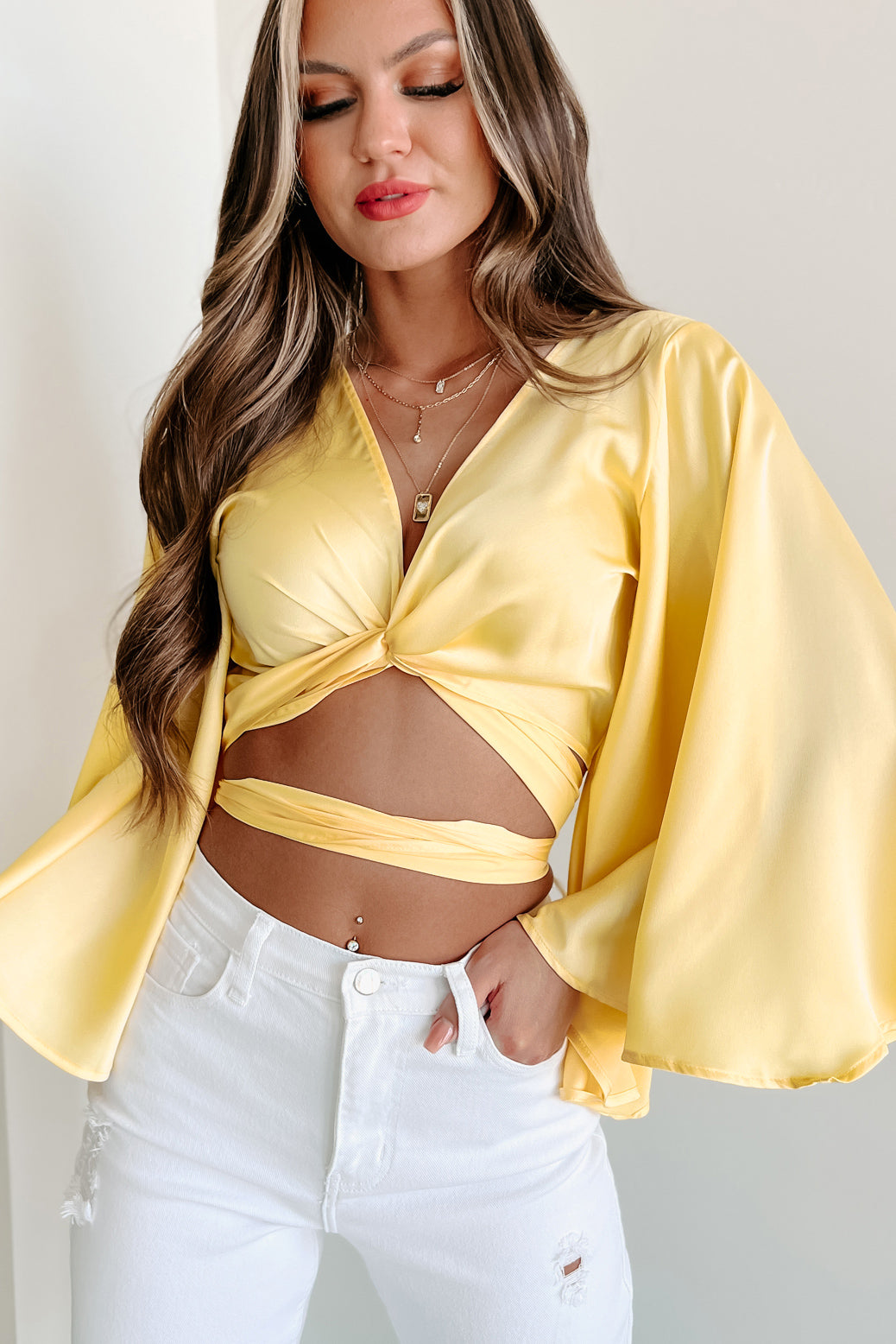 Better Off Kimono Sleeve Crop Top (Lemon) - NanaMacs