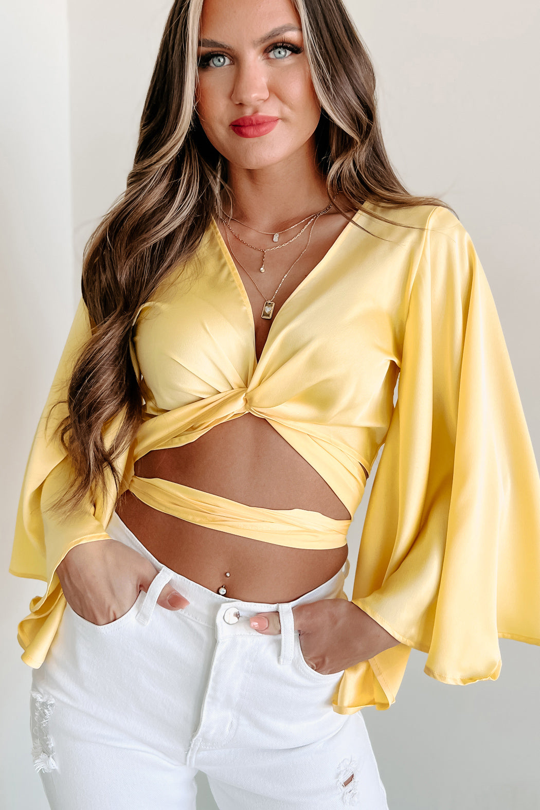 Better Off Kimono Sleeve Crop Top (Lemon) - NanaMacs