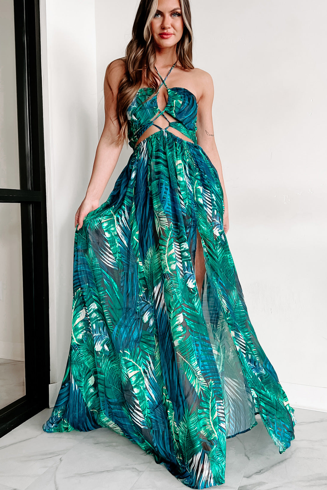 Green tropical print maxi dress sale