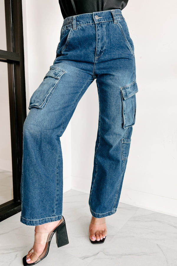 Get To The Point Wide Leg Cargo Jeans (Medium Denim) - NanaMacs