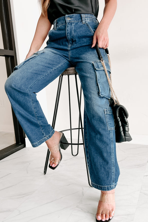 Get To The Point Wide Leg Cargo Jeans (Medium Denim) - NanaMacs