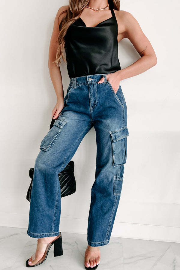 Get To The Point Wide Leg Cargo Jeans (Medium Denim) - NanaMacs