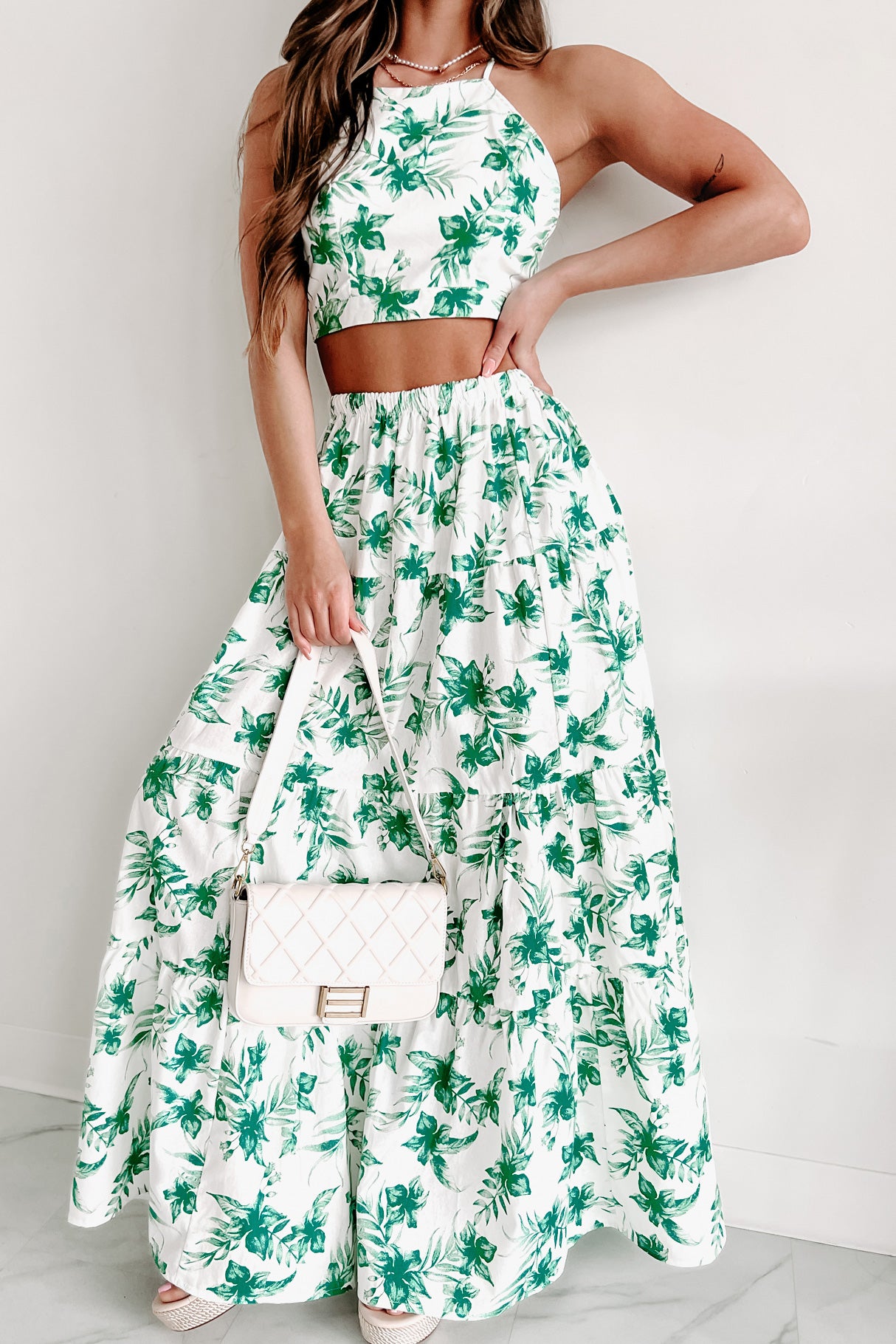 Effortless & Easy Two Piece Skirt Set (White/Green)