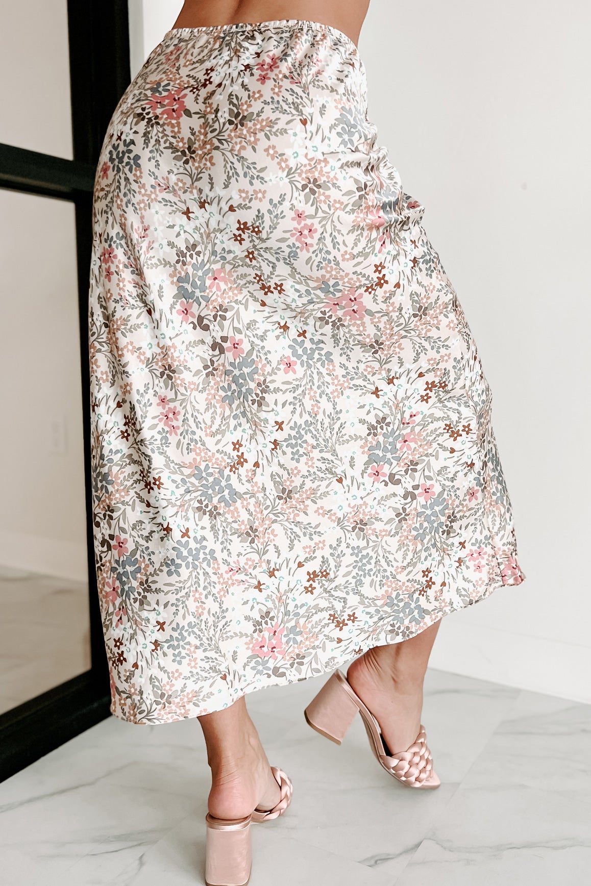 Loving Looks Satin Floral Midi Skirt (Sand) - NanaMacs