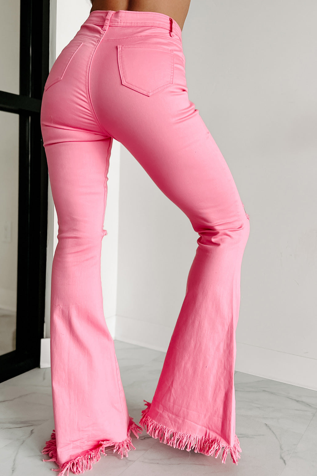 Doorbuster Bold Moves High Rise Distressed Flare Jeans (Pink) - NanaMacs