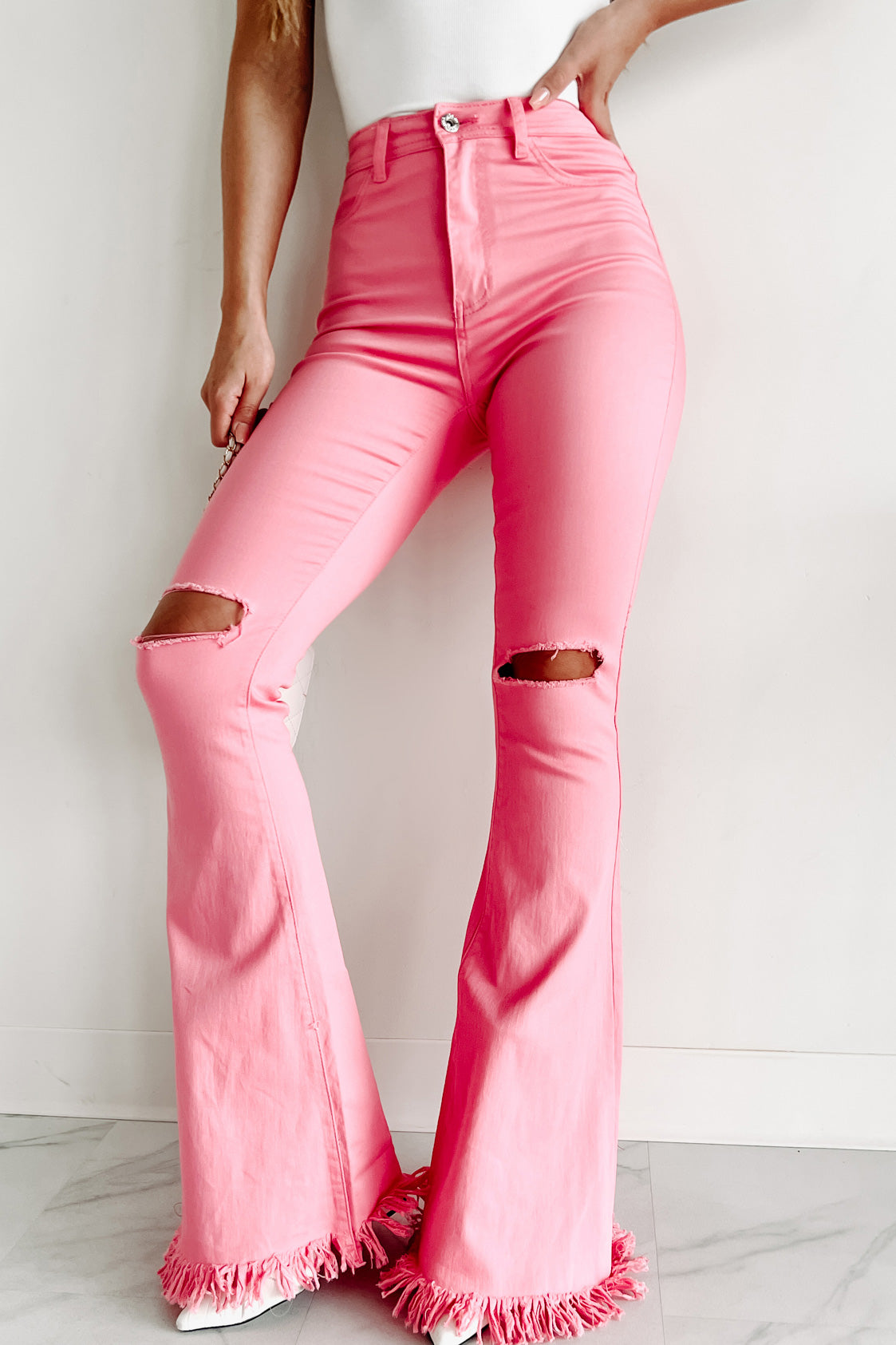 Pink Distressed Bell Bottom Jeans