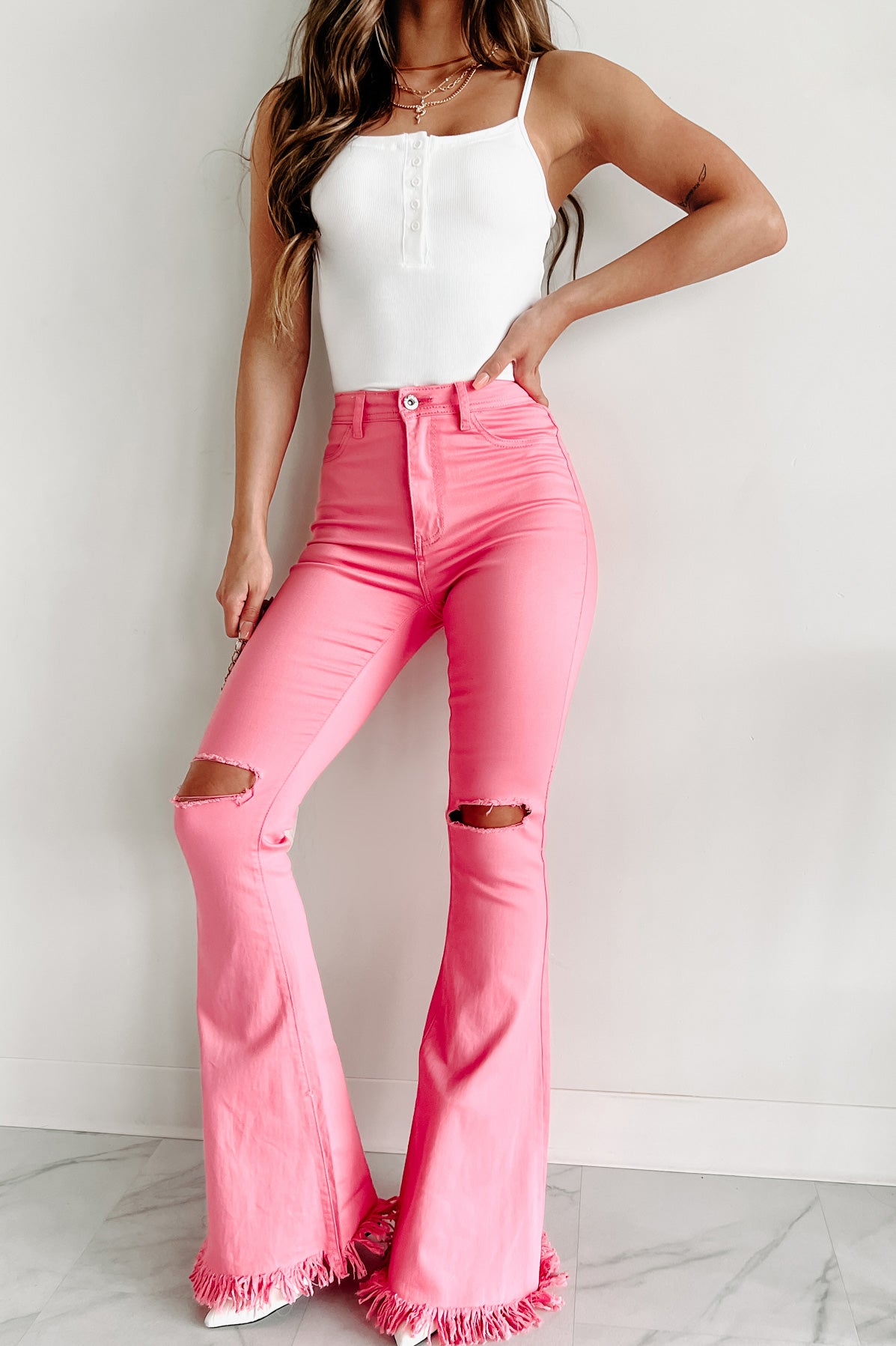 Doorbuster Bold Moves High Rise Distressed Flare Jeans (Pink) · NanaMacs