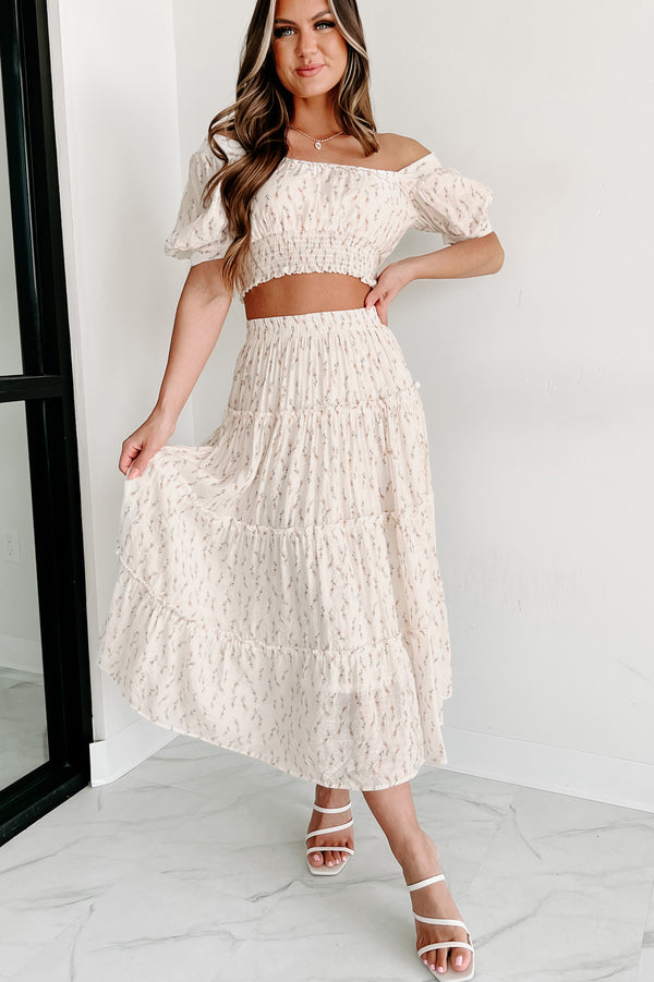 Looking For Beauty Floral Tiered Midi Skirt (Cream) - NanaMacs