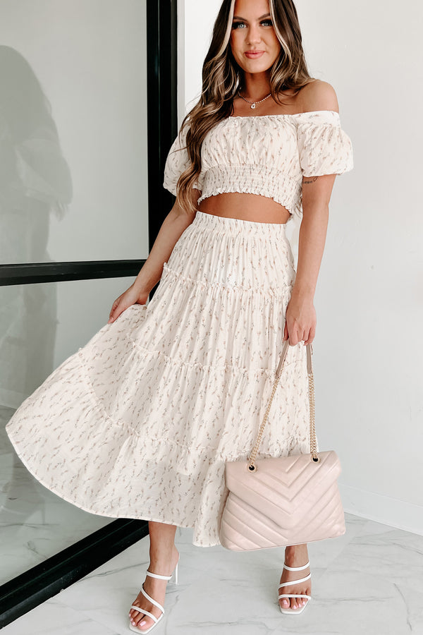 Looking For Beauty Floral Tiered Midi Skirt (Cream) - NanaMacs