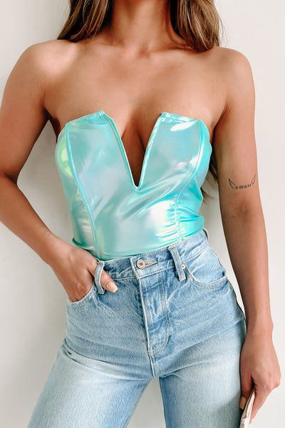 Mermaid Moment Strapless Iridescent Bodysuit (Teal) - NanaMacs