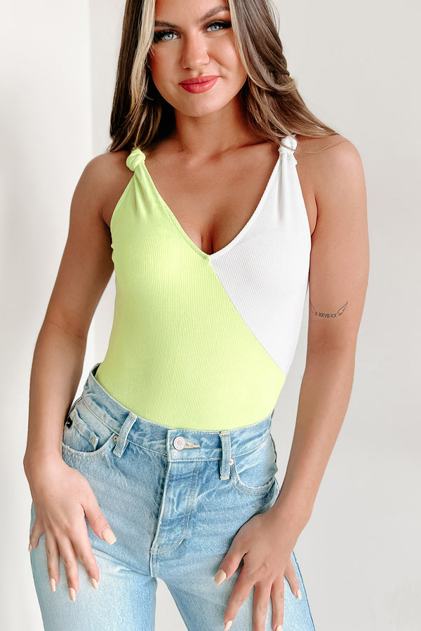 Ready Or Knot Ribbed Colorblock Bodysuit (Lime/Off White) - NanaMacs