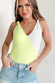 Ready Or Knot Ribbed Colorblock Bodysuit (Lime/Off White) - NanaMacs