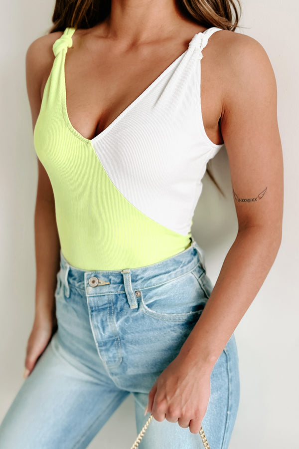 Ready Or Knot Ribbed Colorblock Bodysuit (Lime/Off White) - NanaMacs