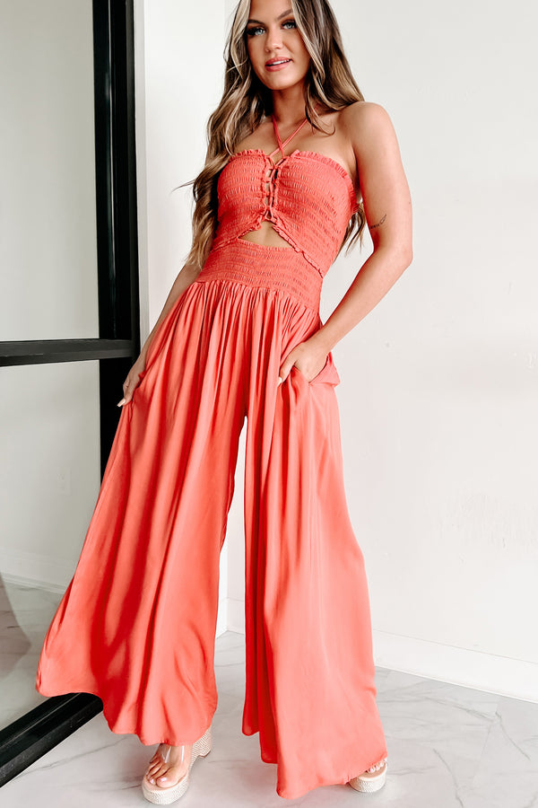 What A Feeling Halter Neck Wide Leg Jumpsuit (Coral) - NanaMacs