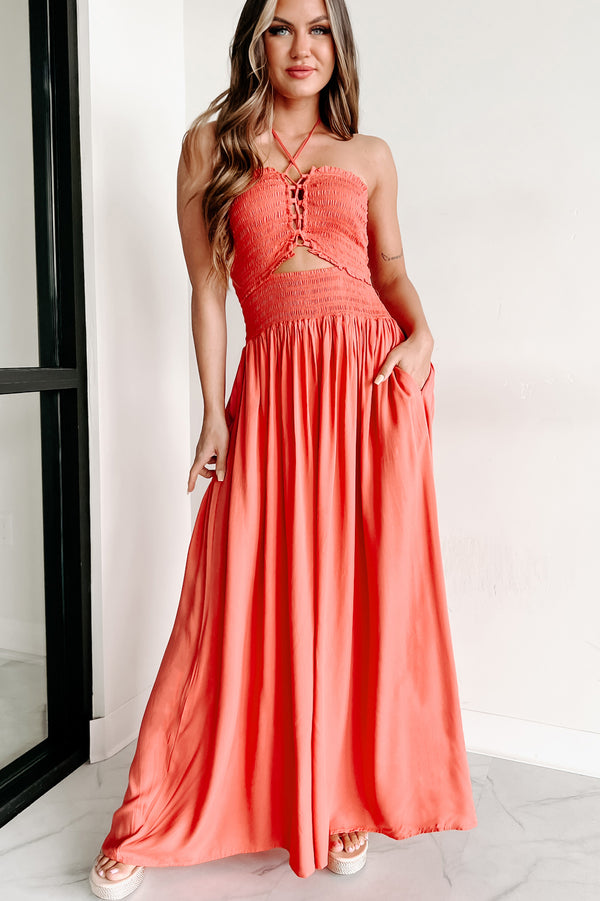 What A Feeling Halter Neck Wide Leg Jumpsuit (Coral) - NanaMacs