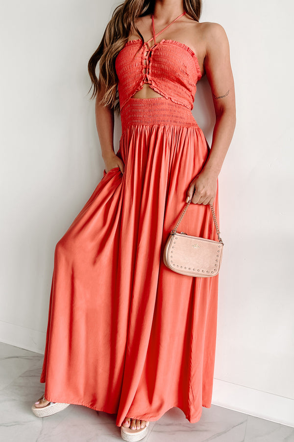 What A Feeling Halter Neck Wide Leg Jumpsuit (Coral) - NanaMacs