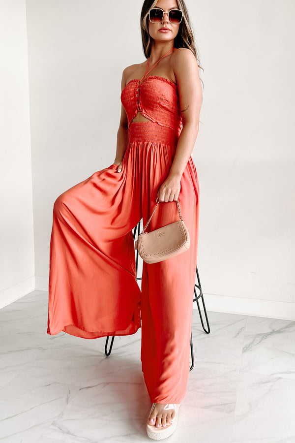 What A Feeling Halter Neck Wide Leg Jumpsuit (Coral) - NanaMacs