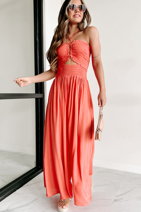 What A Feeling Halter Neck Wide Leg Jumpsuit (Coral) - NanaMacs